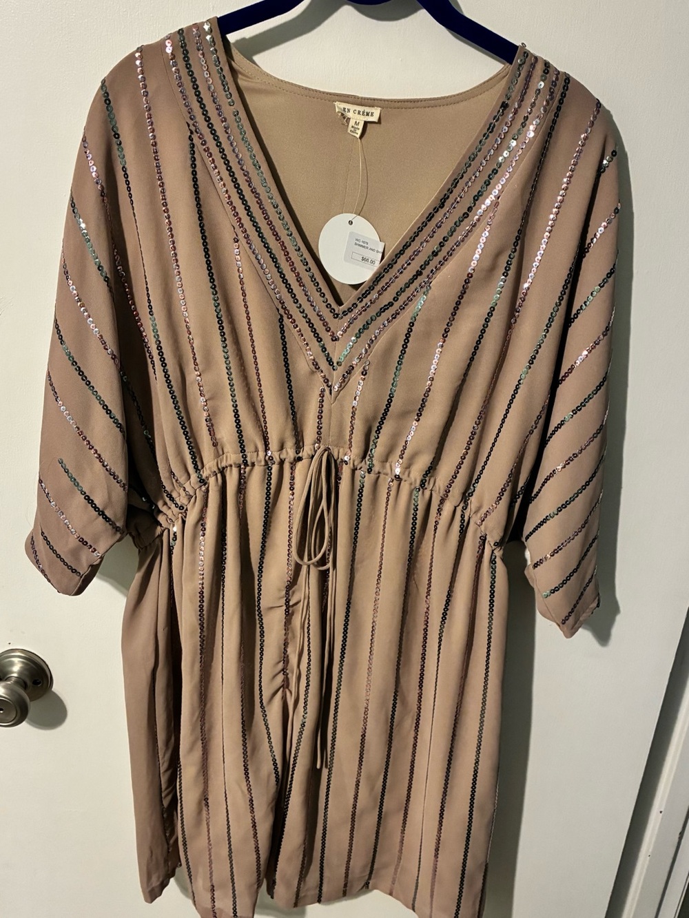 En Creme Taupe Sequin-Striped V-Neck Mini Dress size M